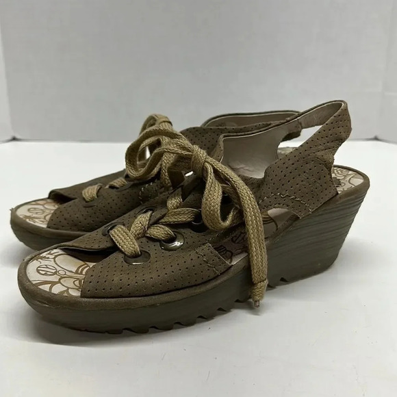 Fly London Ylva Wedges Sandals Open Toe Lace Up Suede Shoes Tan Brown Size 9 - Picture 3 of 10